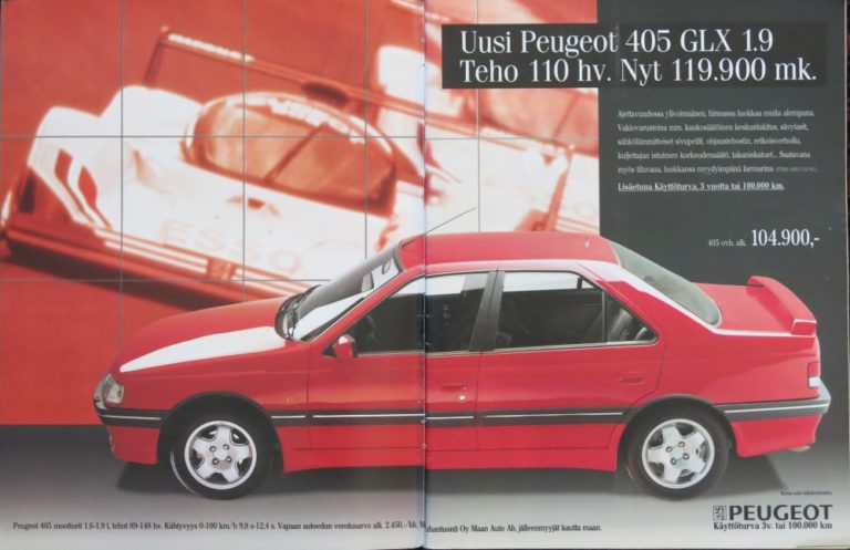 Päivän automainos: Uusi Peugeot 405 GLX 1.9 Teho 110 hv. Nyt 119.900 mk.