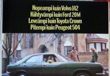 Päivän automainos: Nopeampi kuin Volvo 142, Kiihtyvämpi kuin Ford 20M, Leveämpi kuin Toyota Crown, Pitempi kuin Peugeot 504