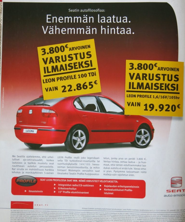 Päivän automainos: Seatin autofilosofiaa: Enemmän Laatua. Vähemmän hintaa.
