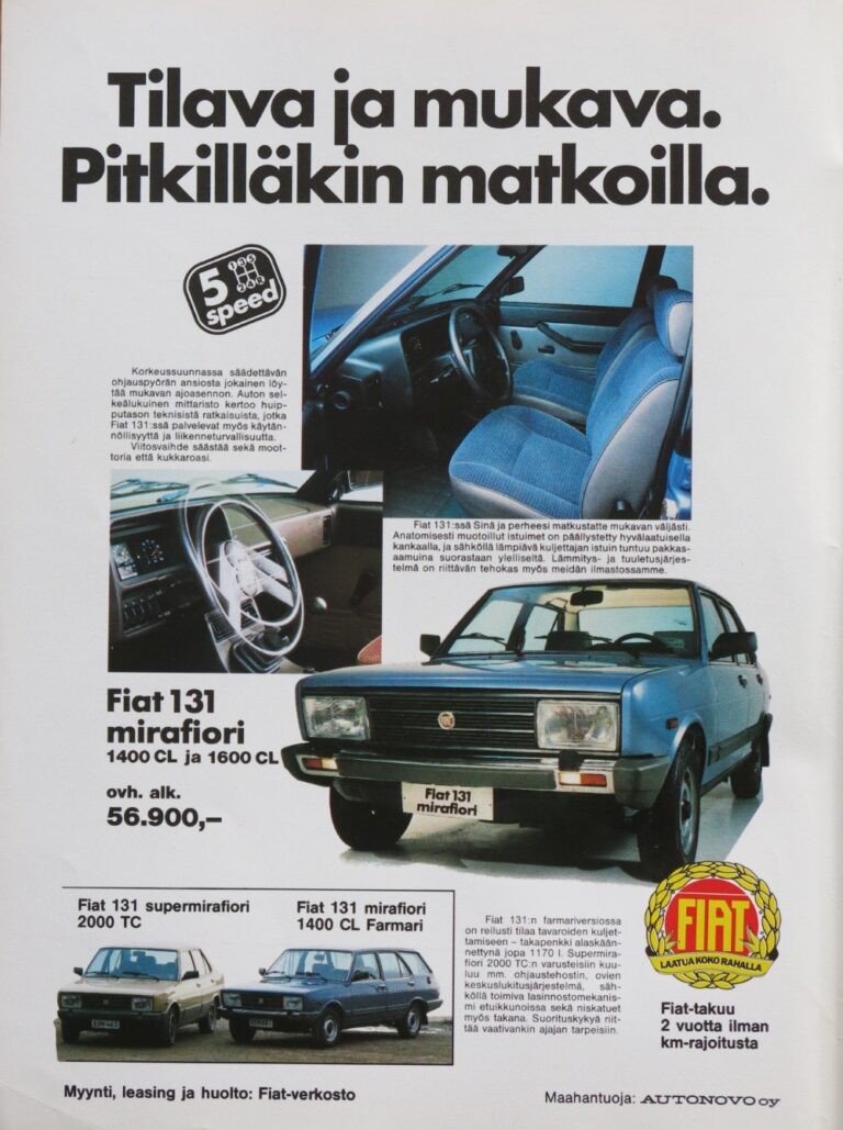 Päivän automainos: Fiat 131. Tilava ja mukava. Pitkilläkin matkoilla.
