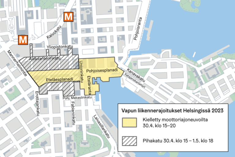 Helsingin keskustassa suljetaan katuosuuksia vappuna