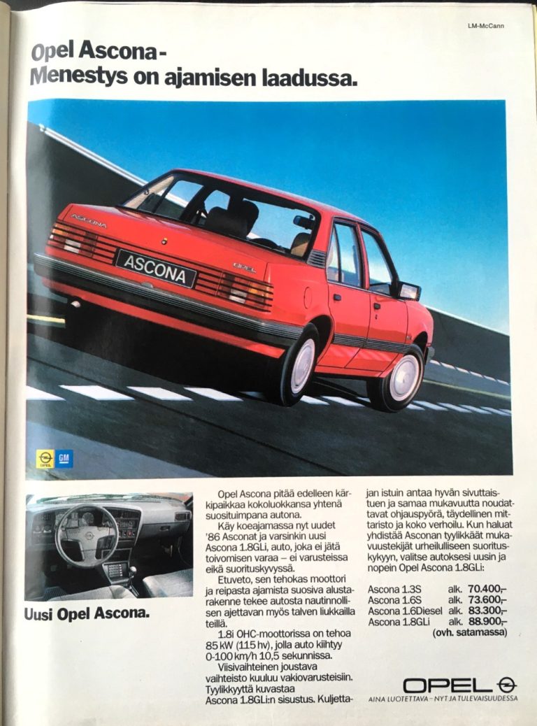 Päivän automainos: Opel Ascona — Menestys on ajamisen laadussa.